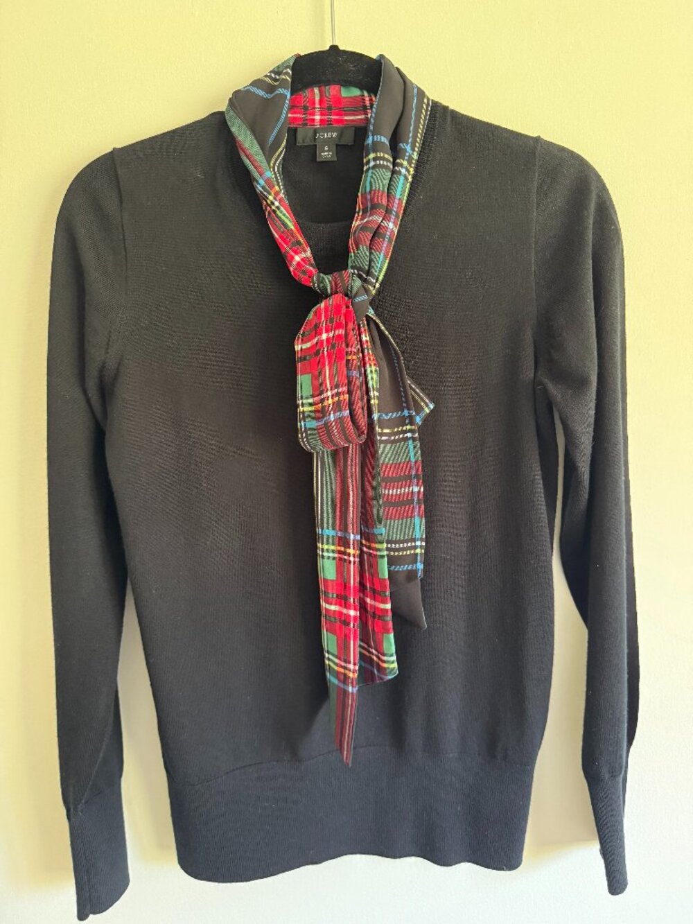 J.Crew Black Sweater with Plaid Tie Neck